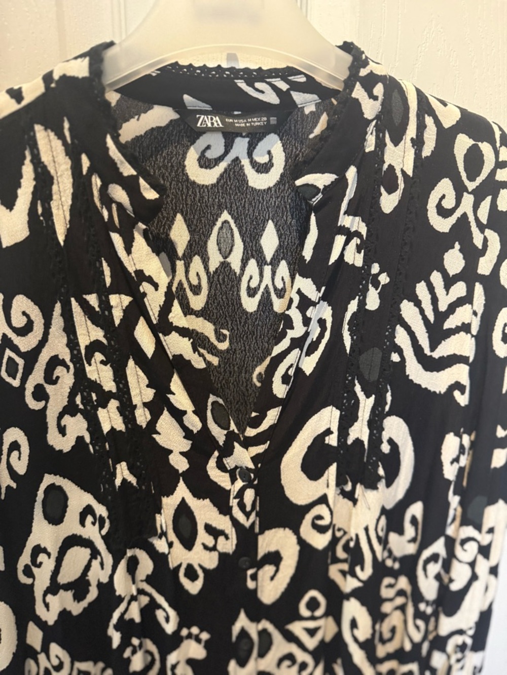 ZARA Black White Print Ruffle Hem Tunic Mini Dress Womens Size M - Picture 4 of 8